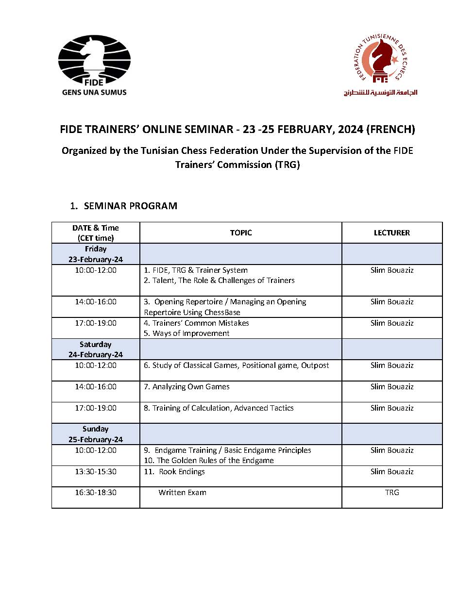 FIDE TRAINERS’ ONLINE SEMINAR – 23 -25 FEBRUARY, 2024 (FRENCH) – FIDE
