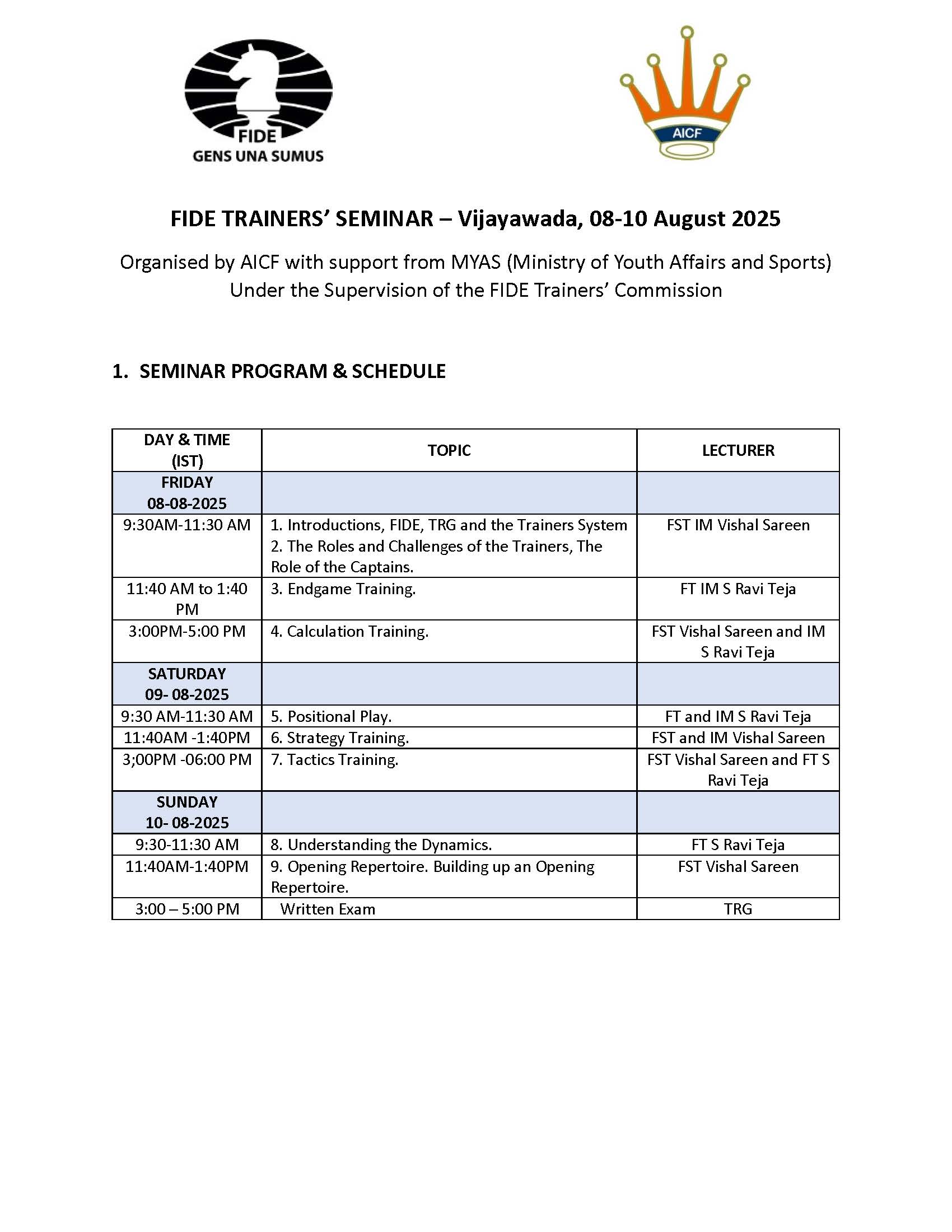 Fiude FIDE TRAINERS’ SEMINAR – Vijayawada, 08-10 August 2025 (English) – FIDE ...