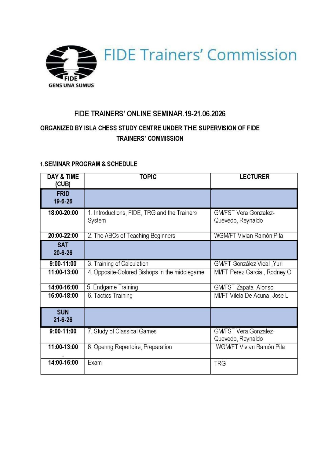 Fiude FIDE TRAINERS’ ONLINE SEMINAR – 19-21 June 2026 (Spanish) – FIDE ...